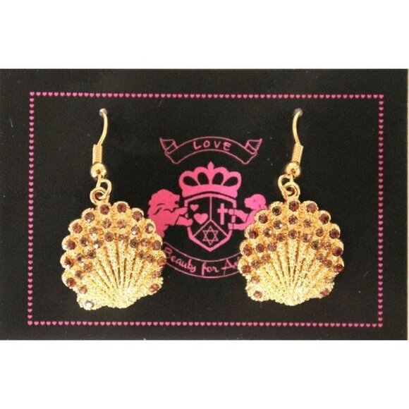 1.5" Long Goldtone Scallop Sea Shell Beach Earrings Fish Hook w/Topaz Crystals - Picture 2 of 3